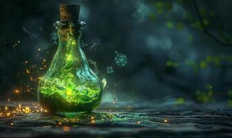 A bubbling potion bottle with glowing green liquid and mystical symbols around, leaving space on the left for a message photo