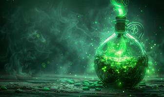 A bubbling potion bottle with glowing green liquid and mystical symbols around, leaving space on the left for a message photo