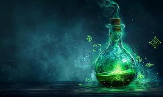 A bubbling potion bottle with glowing green liquid and mystical symbols around, leaving space on the left for a message photo