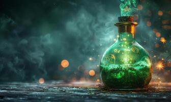 A bubbling potion bottle with glowing green liquid and mystical symbols around, leaving space on the left for a message photo