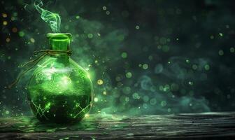 A bubbling potion bottle with glowing green liquid and mystical symbols around, leaving space on the left for a message photo