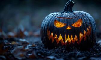 A carved pumpkin with a sinister grin glowing in the dark, leaving space on the left for text photo
