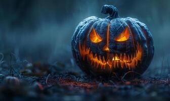 A carved pumpkin with a sinister grin glowing in the dark, leaving space on the left for text photo