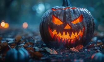 A carved pumpkin with a sinister grin glowing in the dark, leaving space on the left for text photo