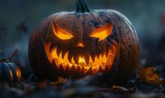 A carved pumpkin with a sinister grin glowing in the dark, leaving space on the left for text photo