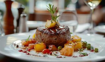 A close-up of a delicious gourmet meal on a restaurant table photo