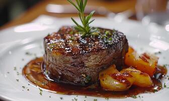 A close-up of a delicious gourmet meal on a restaurant table photo