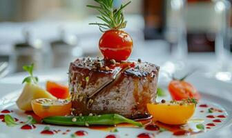 A close-up of a delicious gourmet meal on a restaurant table photo
