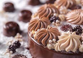 A close-up shot of a gourmet chocolate dessert with intricate decorations photo