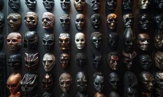 A collection of spooky Halloween masks hanging on a wall with eerie lighting, leaving space in the center for copy photo