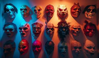 A collection of spooky Halloween masks hanging on a wall with eerie lighting, leaving space in the center for copy photo