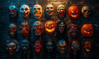 A collection of spooky Halloween masks hanging on a wall with eerie lighting, leaving space in the center for copy photo