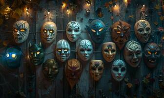 A collection of spooky Halloween masks hanging on a wall with eerie lighting, leaving space in the center for copy photo