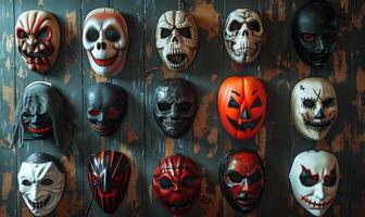 A collection of spooky Halloween masks hanging on a wall with eerie lighting, leaving space in the center for copy photo