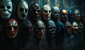 A collection of spooky Halloween masks hanging on a wall with eerie lighting, leaving space in the center for copy photo