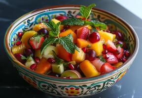 A colorful bowl of mixed fruit salad with exotic fruits and mint leaves photo
