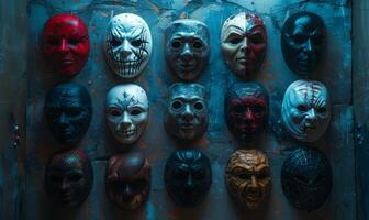 A collection of spooky Halloween masks hanging on a wall with eerie lighting, leaving space in the center for copy photo