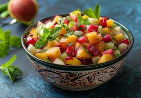 A colorful bowl of mixed fruit salad with exotic fruits and mint leaves photo