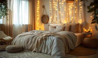 A cozy bedroom with a stylish bed and soft lighting photo
