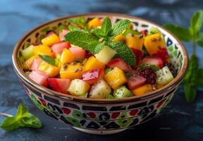 A colorful bowl of mixed fruit salad with exotic fruits and mint leaves photo