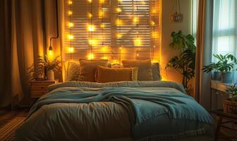 A cozy bedroom with a stylish bed and soft lighting photo