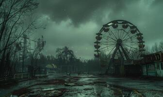 A creepy carnival scene with a deserted Ferris wheel and eerie clowns, with plenty of space on the right for a message photo
