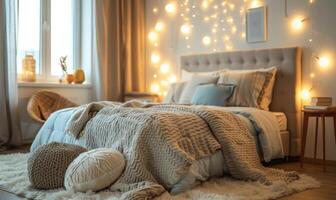A cozy bedroom with a stylish bed and soft lighting photo