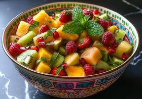 A colorful bowl of mixed fruit salad with exotic fruits and mint leaves photo