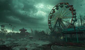 A creepy carnival scene with a deserted Ferris wheel and eerie clowns, with plenty of space on the right for a message photo