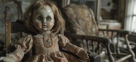A creepy doll sitting on a rocking chair in a dimly lit room, leaving space on the right for copy, photo