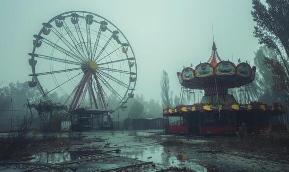 un Siniestro carnaval escena con un abandonado ferris rueda y misterioso payasos, con mucho de espacio en el Derecha para un mensaje foto
