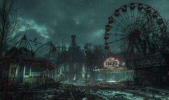 A creepy carnival scene with a deserted Ferris wheel and eerie clowns, with plenty of space on the right for a message photo