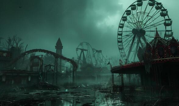 A creepy carnival scene with a deserted Ferris wheel and eerie clowns, with plenty of space on the right for a message photo
