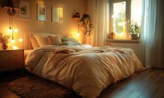 A cozy bedroom with a stylish bed and soft lighting photo