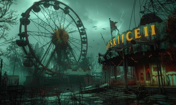 A creepy carnival scene with a deserted Ferris wheel and eerie clowns, with plenty of space on the right for a message photo