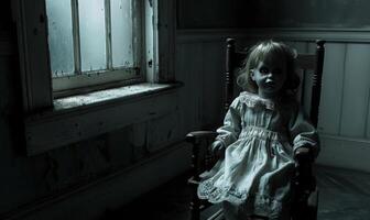 A creepy doll sitting on a rocking chair in a dimly lit room, leaving space on the right for copy, photo