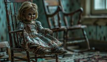 A creepy doll sitting on a rocking chair in a dimly lit room, leaving space on the right for copy, photo