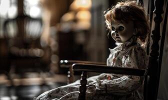 A creepy doll sitting on a rocking chair in a dimly lit room, leaving space on the right for copy, photo