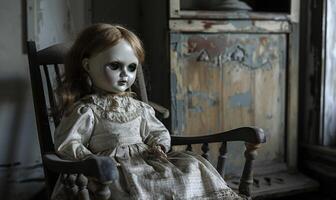 A creepy doll sitting on a rocking chair in a dimly lit room, leaving space on the right for copy, photo