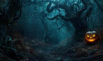 A dark forest with twisted trees and a jack-o'-lantern glowing brightly, leaving ample space on the left for copy photo