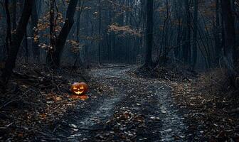 A dark forest with twisted trees and a jack-o'-lantern glowing brightly, leaving ample space on the left for copy photo
