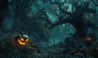 A dark forest with twisted trees and a jack-o'-lantern glowing brightly, leaving ample space on the left for copy photo
