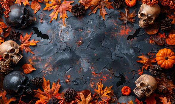 A flat lay background with Halloween decorations like skulls, bats, and autumn leaves framing an empty area photo