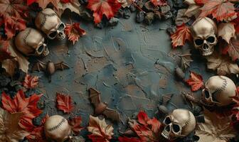 A flat lay background with Halloween decorations like skulls, bats, and autumn leaves framing an empty area photo