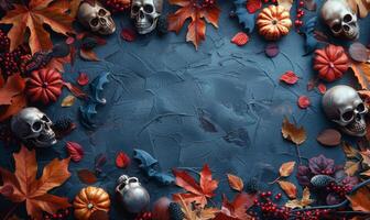 A flat lay background with Halloween decorations like skulls, bats, and autumn leaves framing an empty area photo