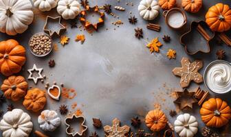 A flat lay background with a Halloween baking setup, including cookie cutters, frosting, and sprinkles, with a clear central area photo
