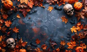 A flat lay background with Halloween decorations like skulls, bats, and autumn leaves framing an empty area photo