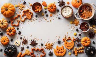 A flat lay background with a Halloween baking setup, including cookie cutters, frosting, and sprinkles, with a clear central area photo