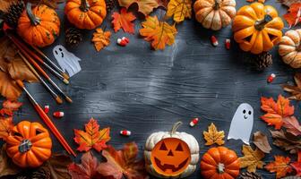 A flat lay featuring Halloween crafts like carved pumpkins, ghost cutouts, and paintbrushes, with an open area for text photo