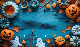 A flat lay featuring Halloween crafts like carved pumpkins, ghost cutouts, and paintbrushes, with an open area for text photo